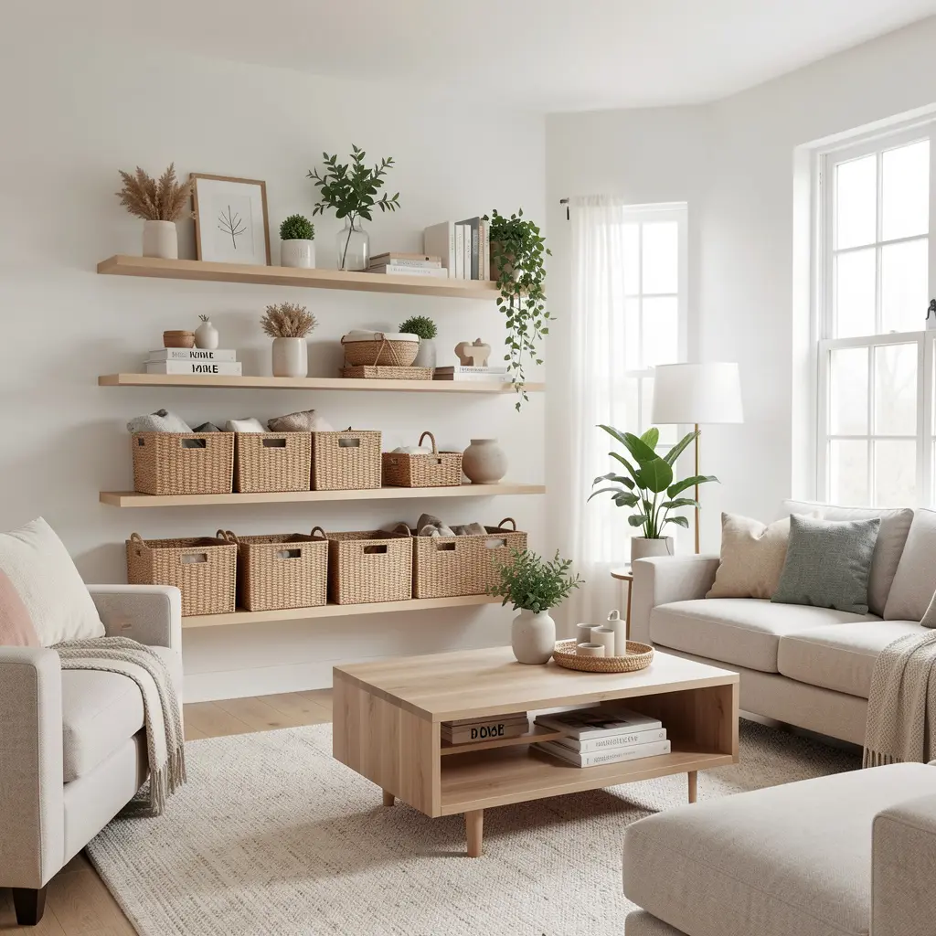 Beautifully organized living room with modern storage solutions